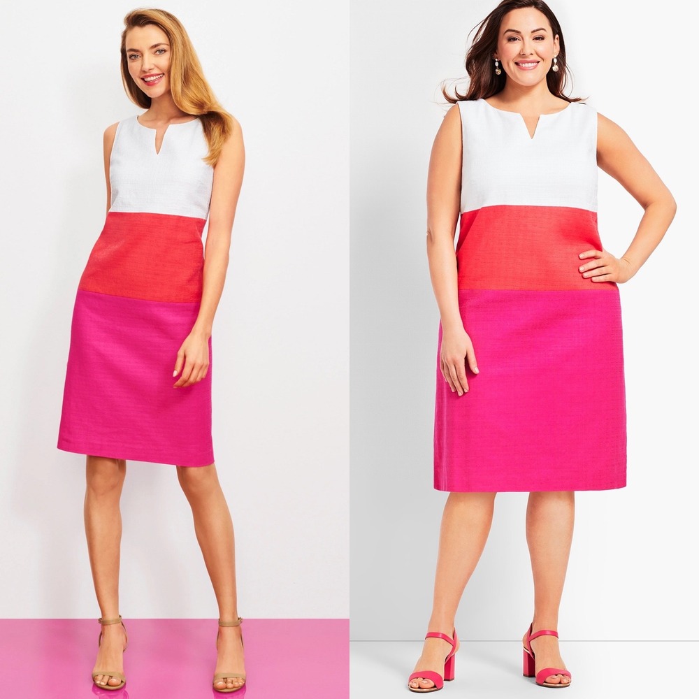 Talbots Womens Sheath Dress 10P Pink White Colorblock Split Neck Garden Party